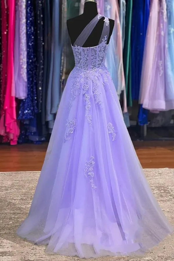 Purple Tulle A-line One Shoulder Long Prom Dresses With Lace Appliques, MP841