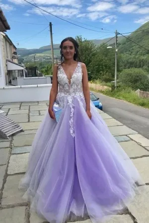 Purple tulle lace long prom dress, purple lace formal dress