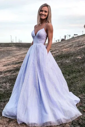 Purple v neck tulle long prom dress, light purple evening dress
