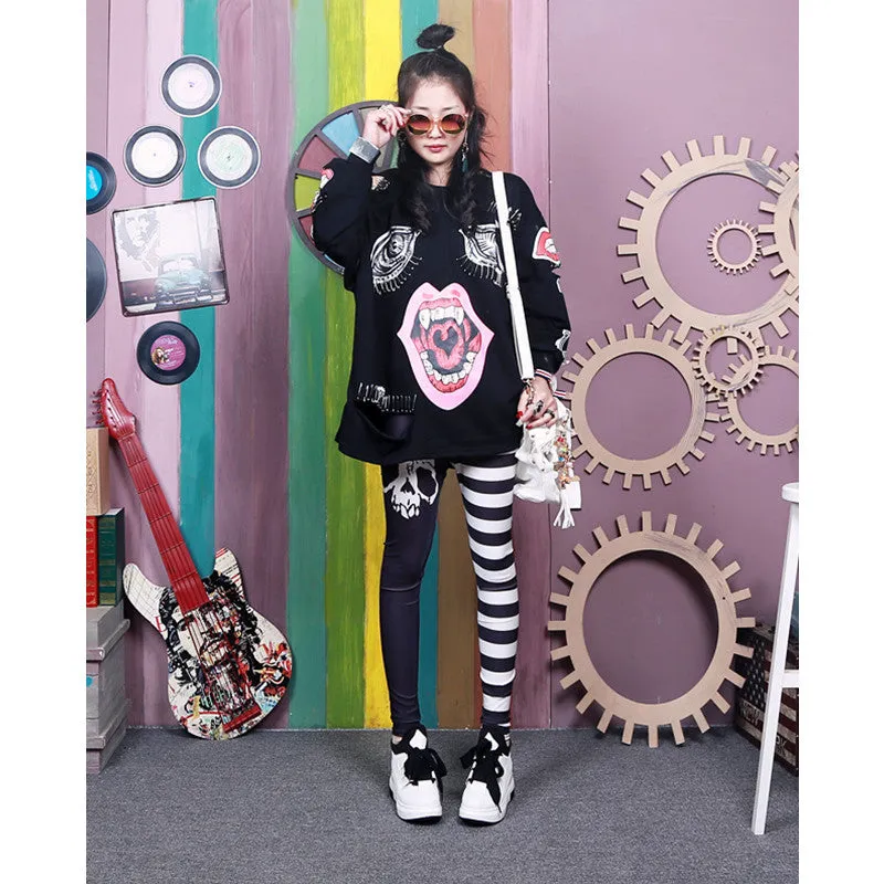 "BLACK WHITE SKULL STRIPE" PANTS K111003