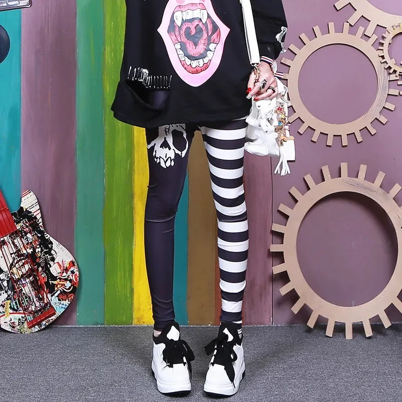 "BLACK WHITE SKULL STRIPE" PANTS K111003