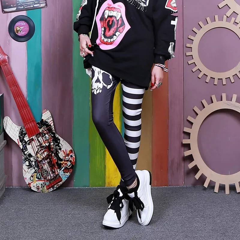 "BLACK WHITE SKULL STRIPE" PANTS K111003