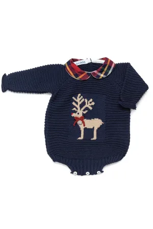 "Harry" Navy Tartan Knit Reindeer Romper
