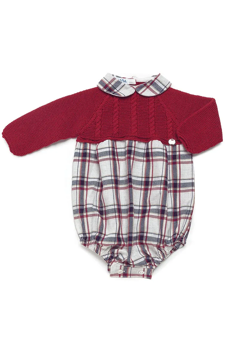 "Isaac" Burgundy Half Knit Tartan Romper