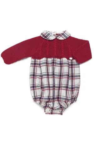 "Isaac" Burgundy Half Knit Tartan Romper