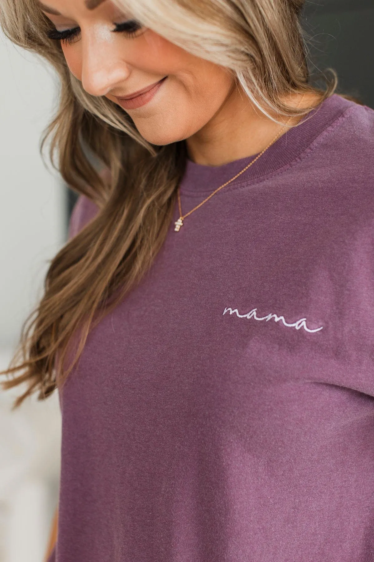 "Mama" Embroidered Tee- Plum