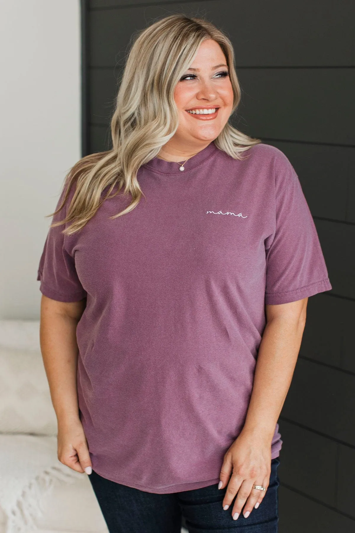 "Mama" Embroidered Tee- Plum