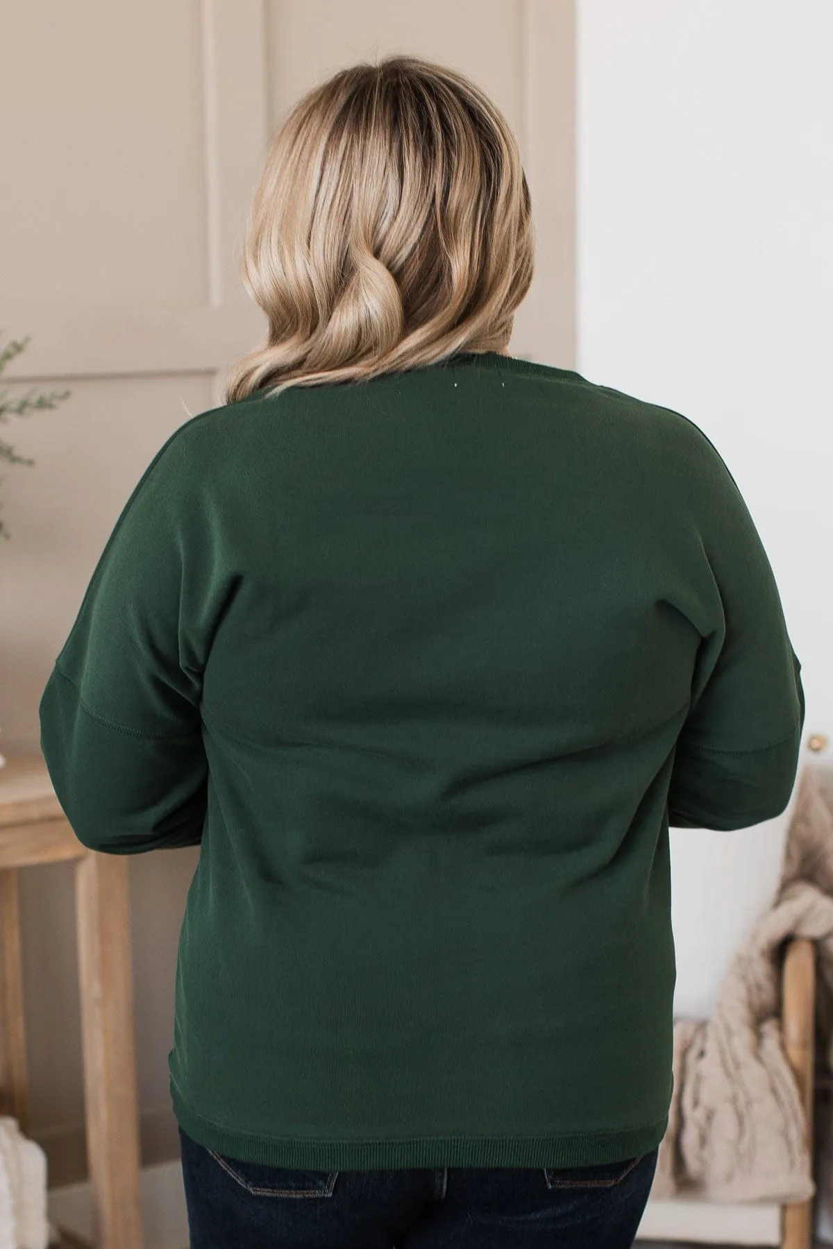 "Merry" Embroidered Crew Neck Pullover- Hunter Green