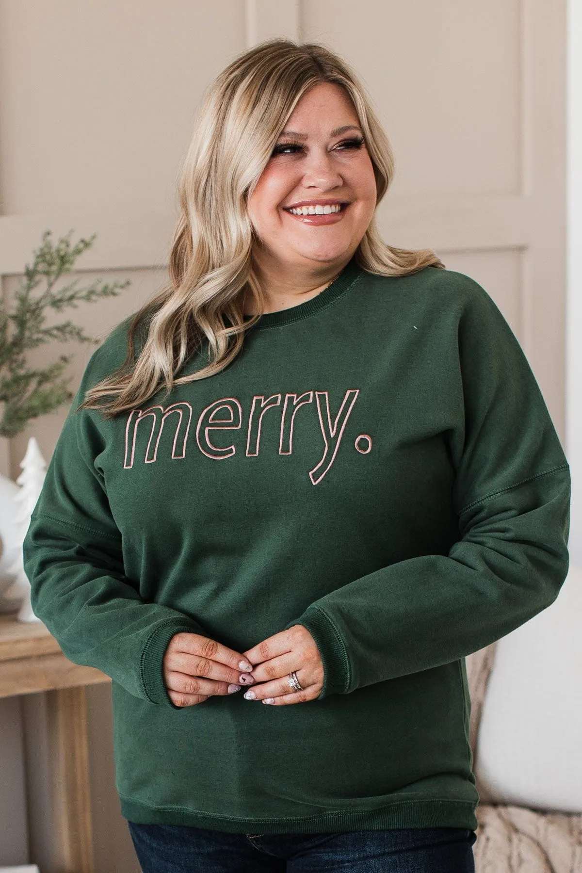 "Merry" Embroidered Crew Neck Pullover- Hunter Green