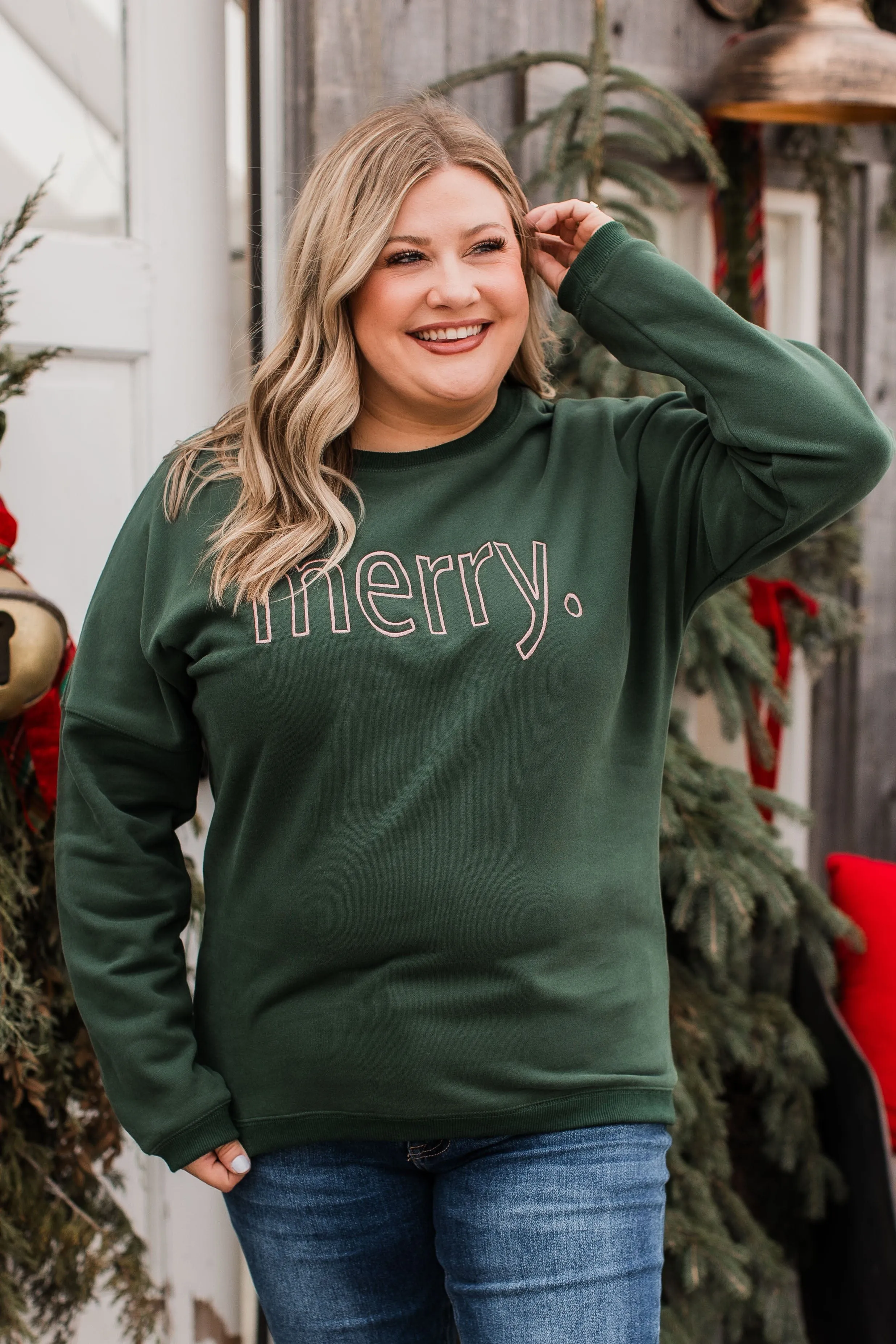 "Merry" Embroidered Crew Neck Pullover- Hunter Green