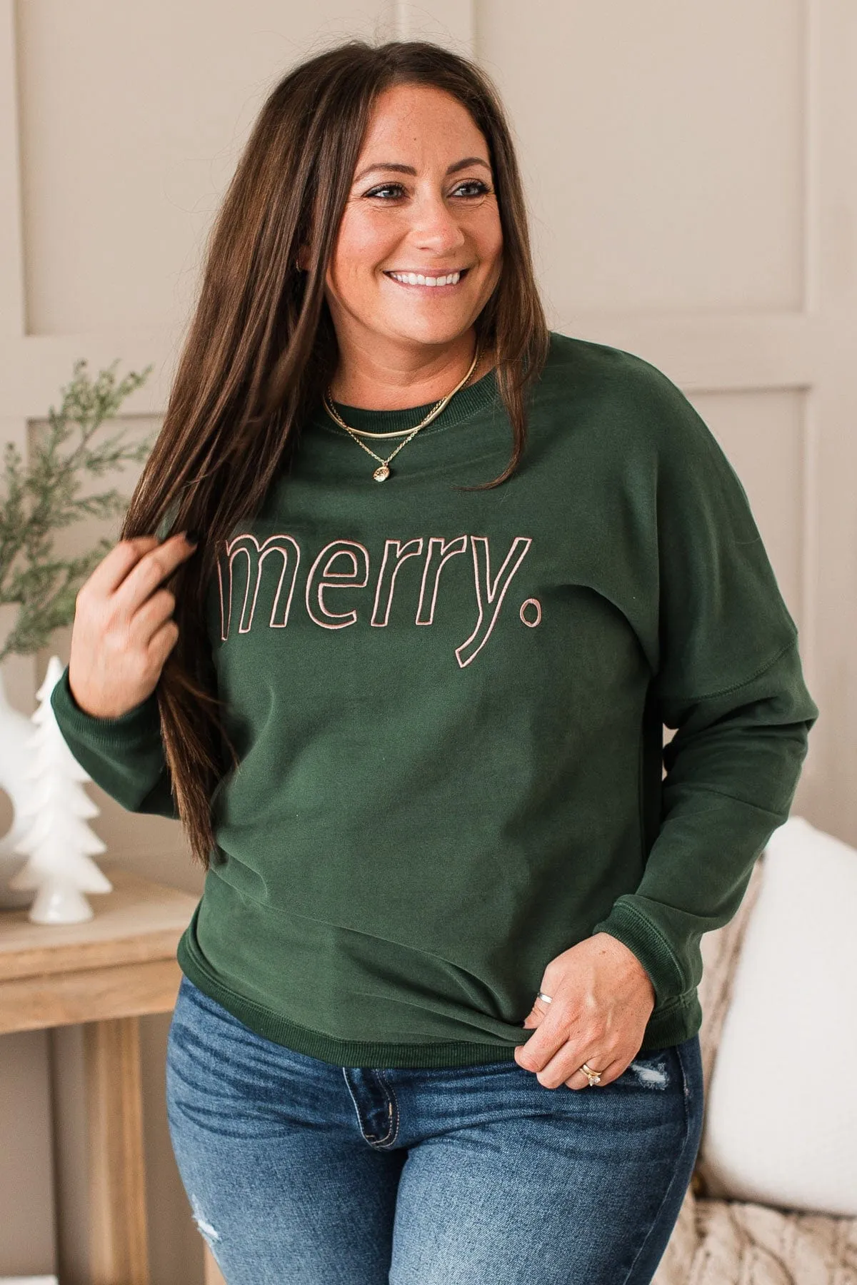 "Merry" Embroidered Crew Neck Pullover- Hunter Green