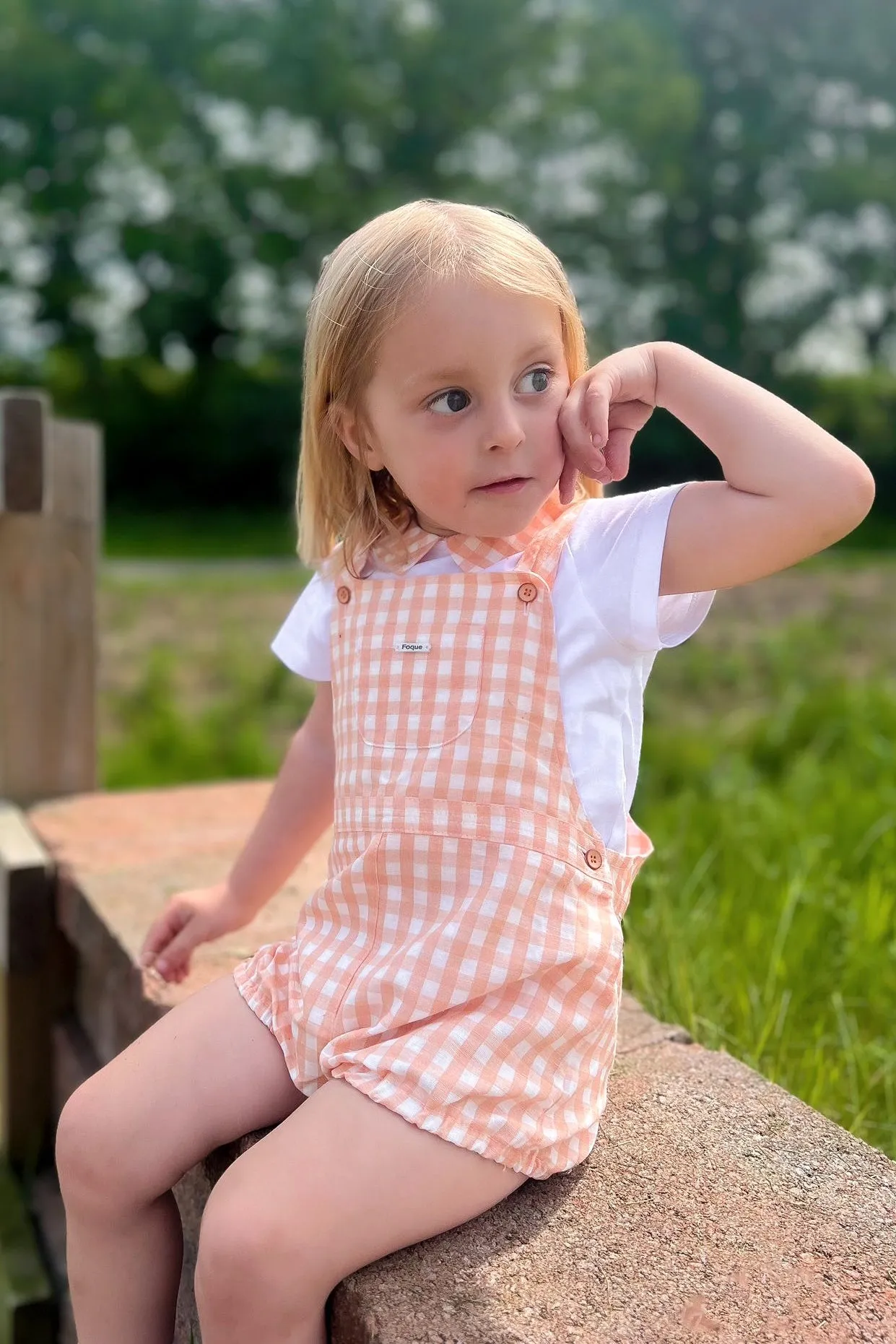 "Micah" Peach Gingham Shirt & Dungarees