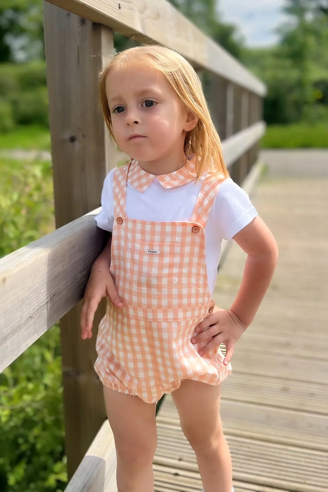 "Micah" Peach Gingham Shirt & Dungarees