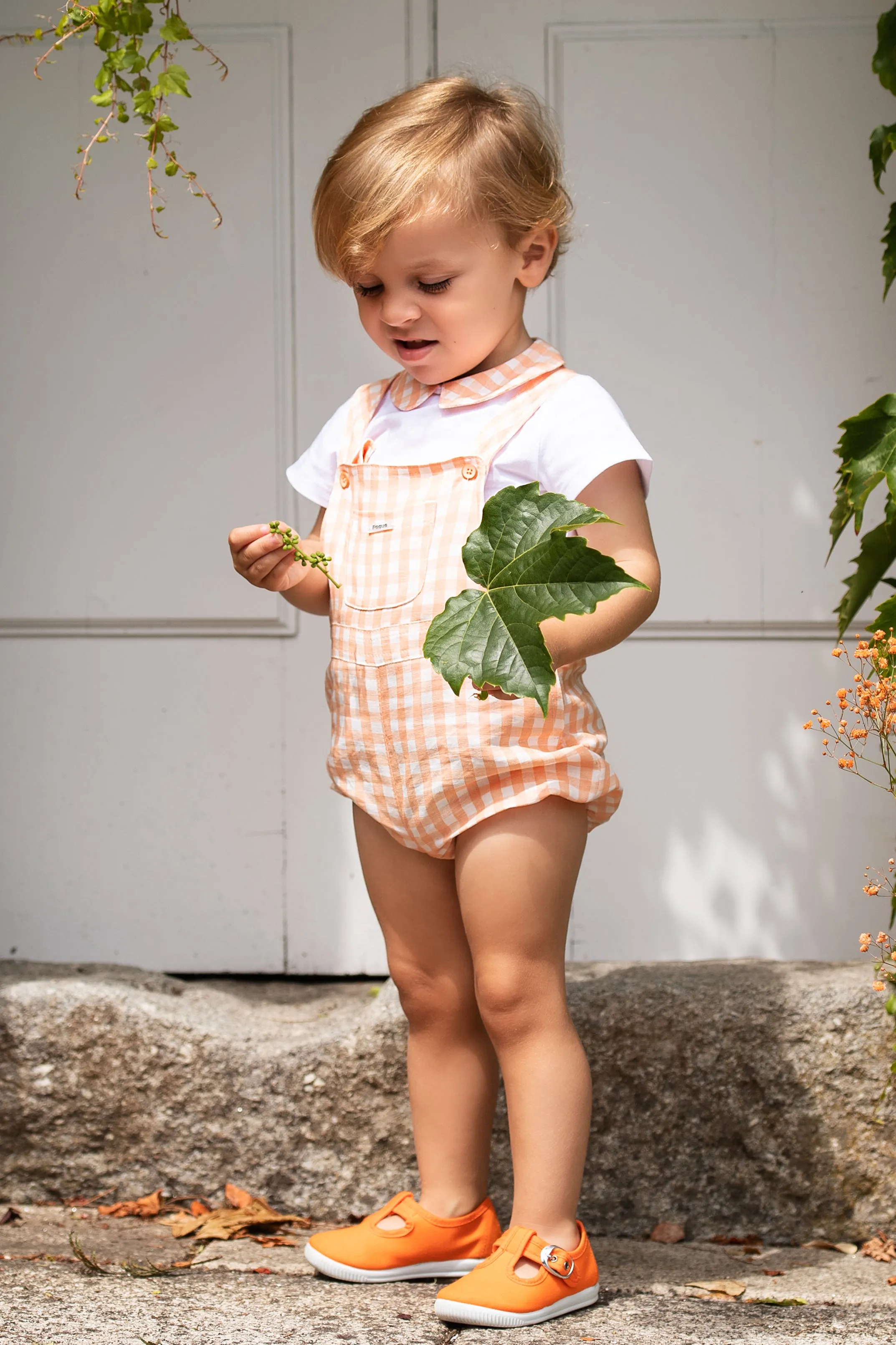 "Micah" Peach Gingham Shirt & Dungarees