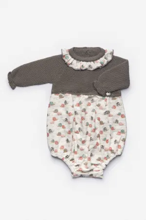 "Sloan" Charcoal Half Knit Snail Print Romper
