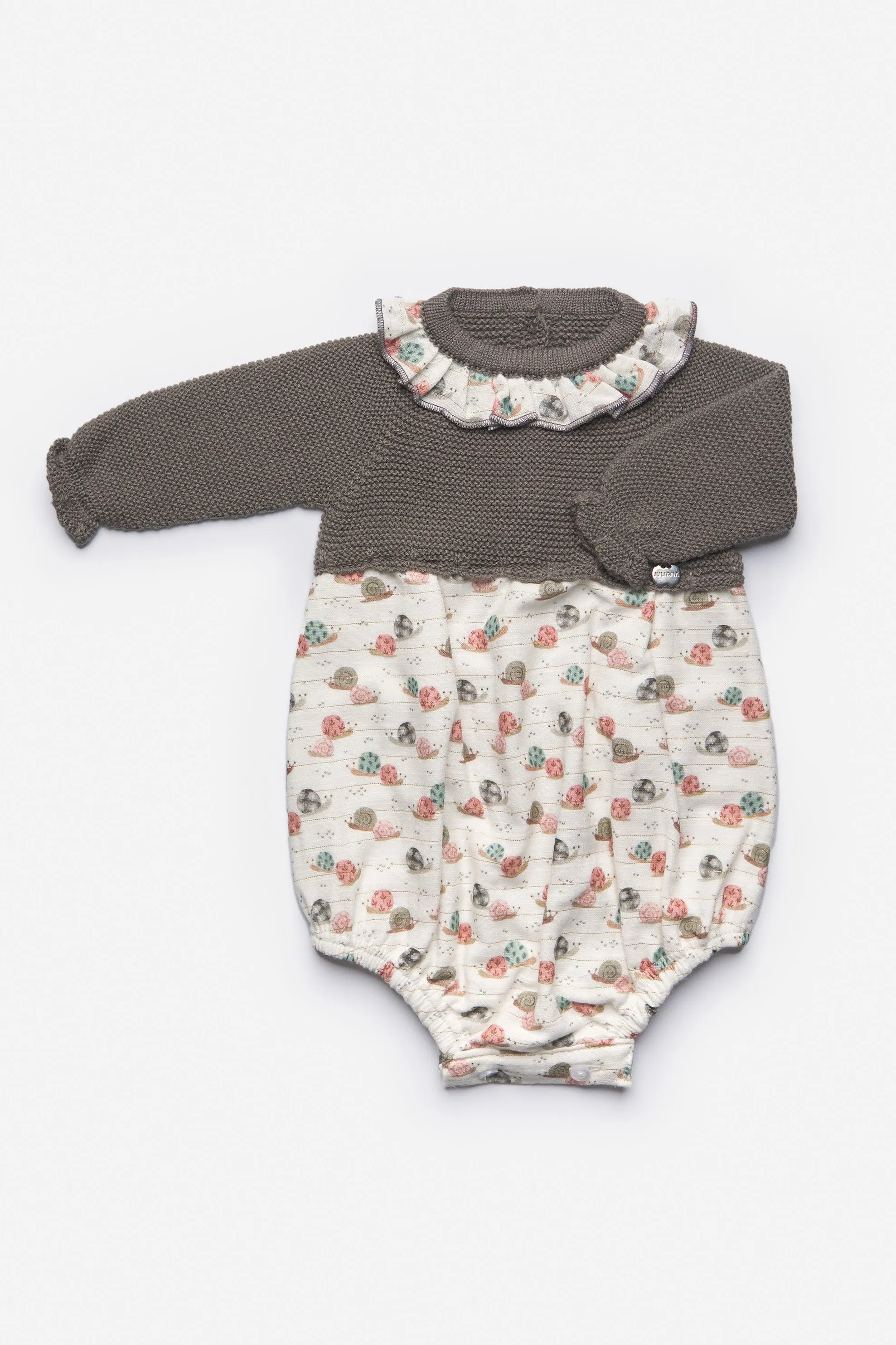 "Sloan" Charcoal Half Knit Snail Print Romper