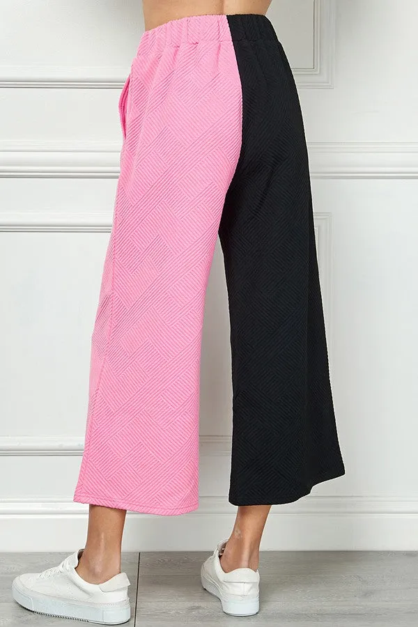 Raelynn Textured Cropped Wide Leg Pants in Black and Bubblegum