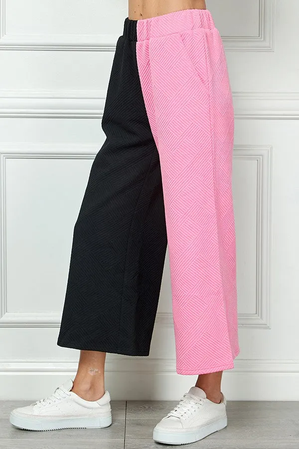 Raelynn Textured Cropped Wide Leg Pants in Black and Bubblegum