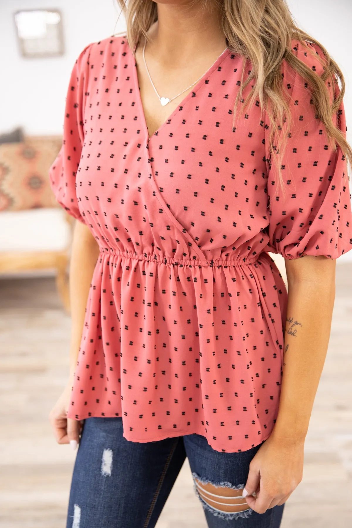 Raspberry Dot Surplice Peplum Top
