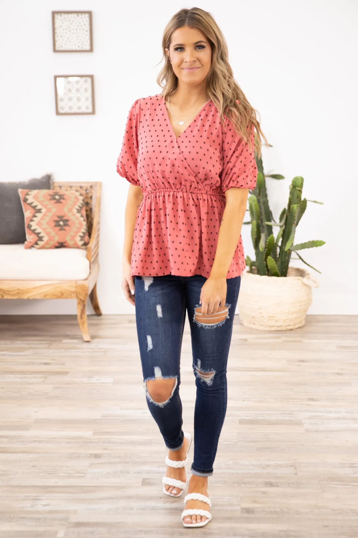 Raspberry Dot Surplice Peplum Top