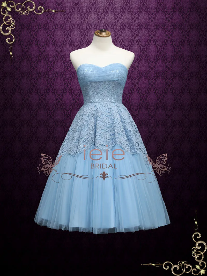 Ready to Wear Vintage Blue 50s Tea Length Strapless Prom Dress GABBY