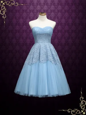 Ready to Wear Vintage Blue 50s Tea Length Strapless Prom Dress GABBY