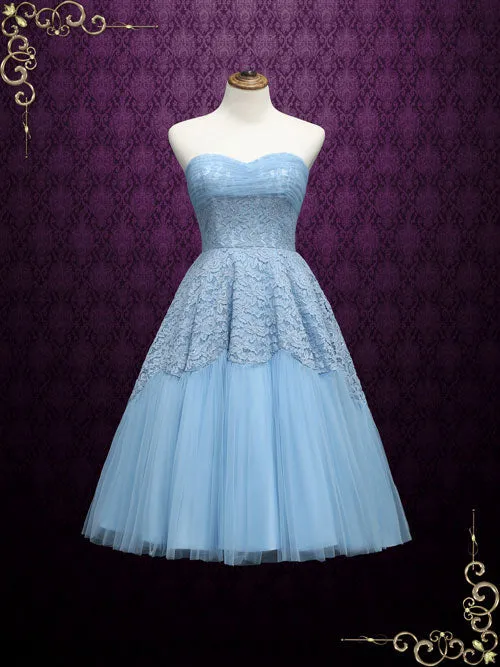 Ready to Wear Vintage Blue 50s Tea Length Strapless Prom Dress GABBY