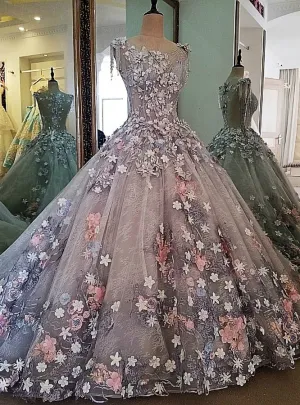 Real Photos Evening Dresses Lace 3D Flowers Ball Gown Long Party Formal Dresses