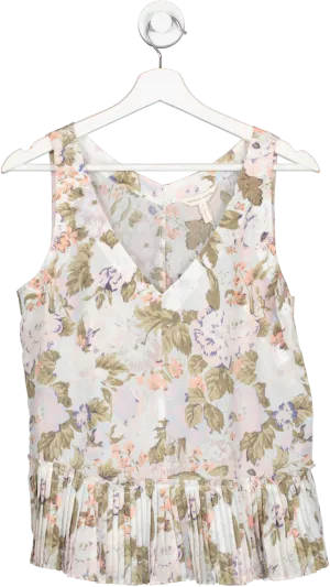 Rebecca Taylor Multicoloured Pastel Silk & Cotton Floral Penelope Sleeveless Pleated Peplum Top UK 10