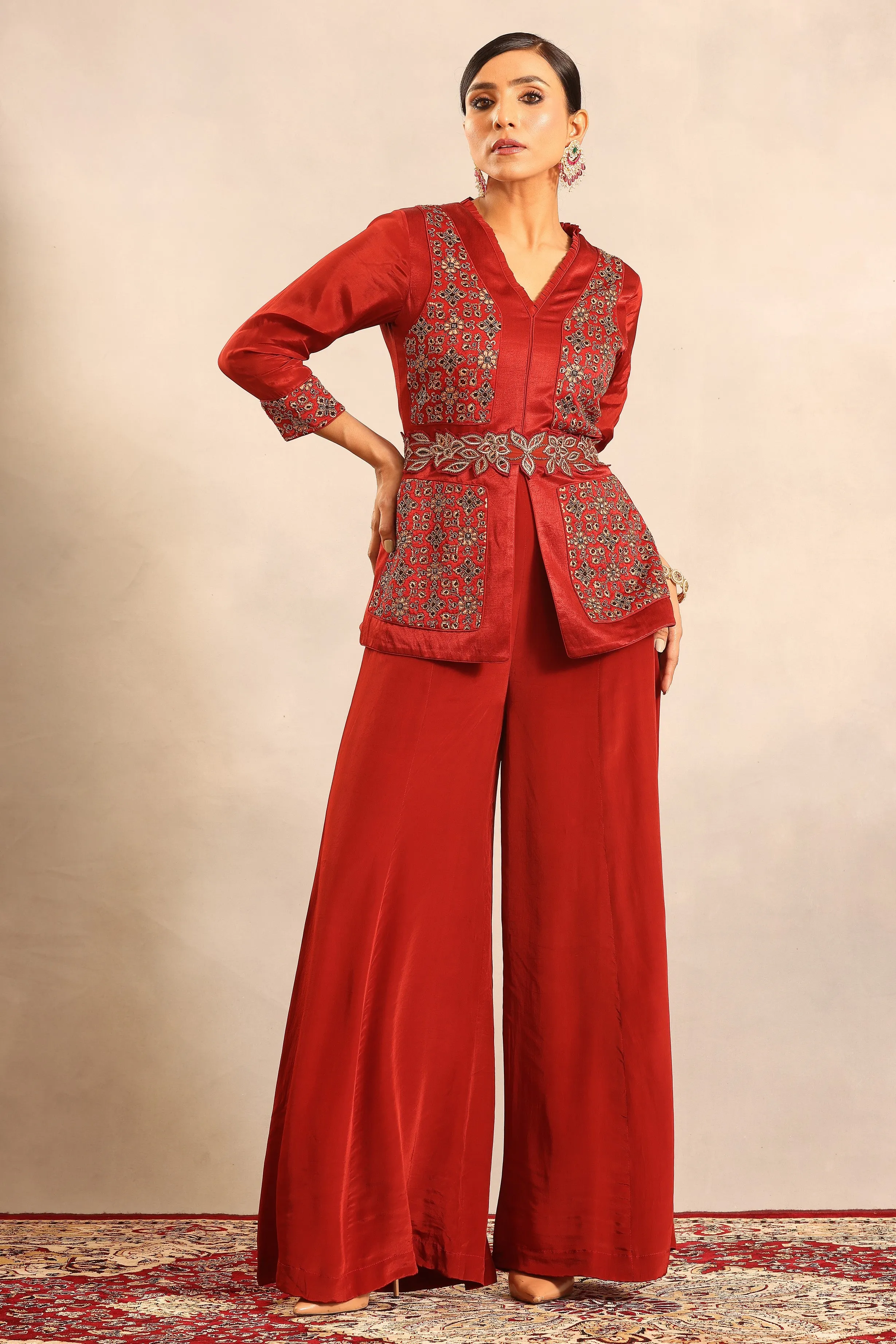 Red ajrakh fully handcrafted peplum jumpsuit