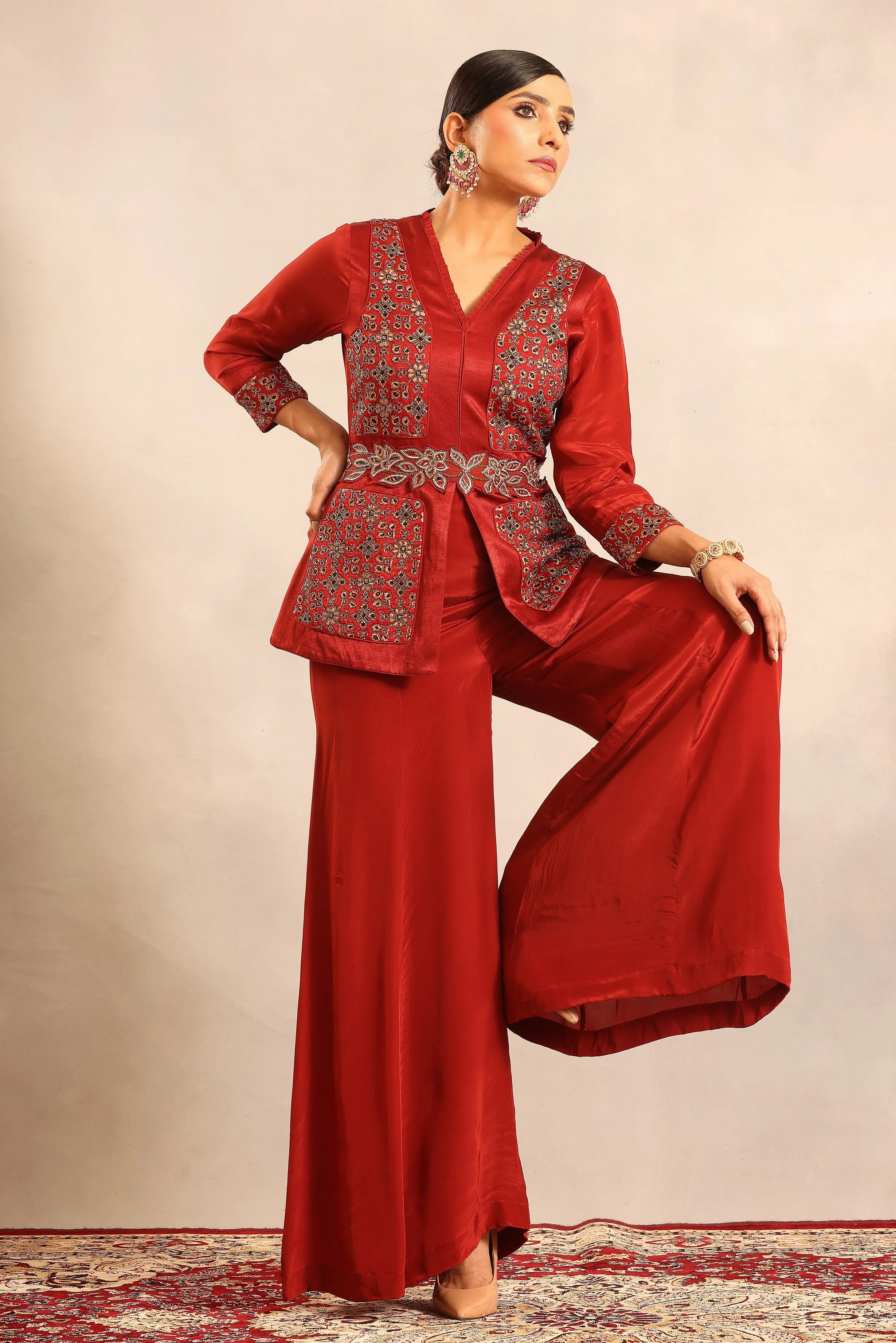 Red ajrakh fully handcrafted peplum jumpsuit