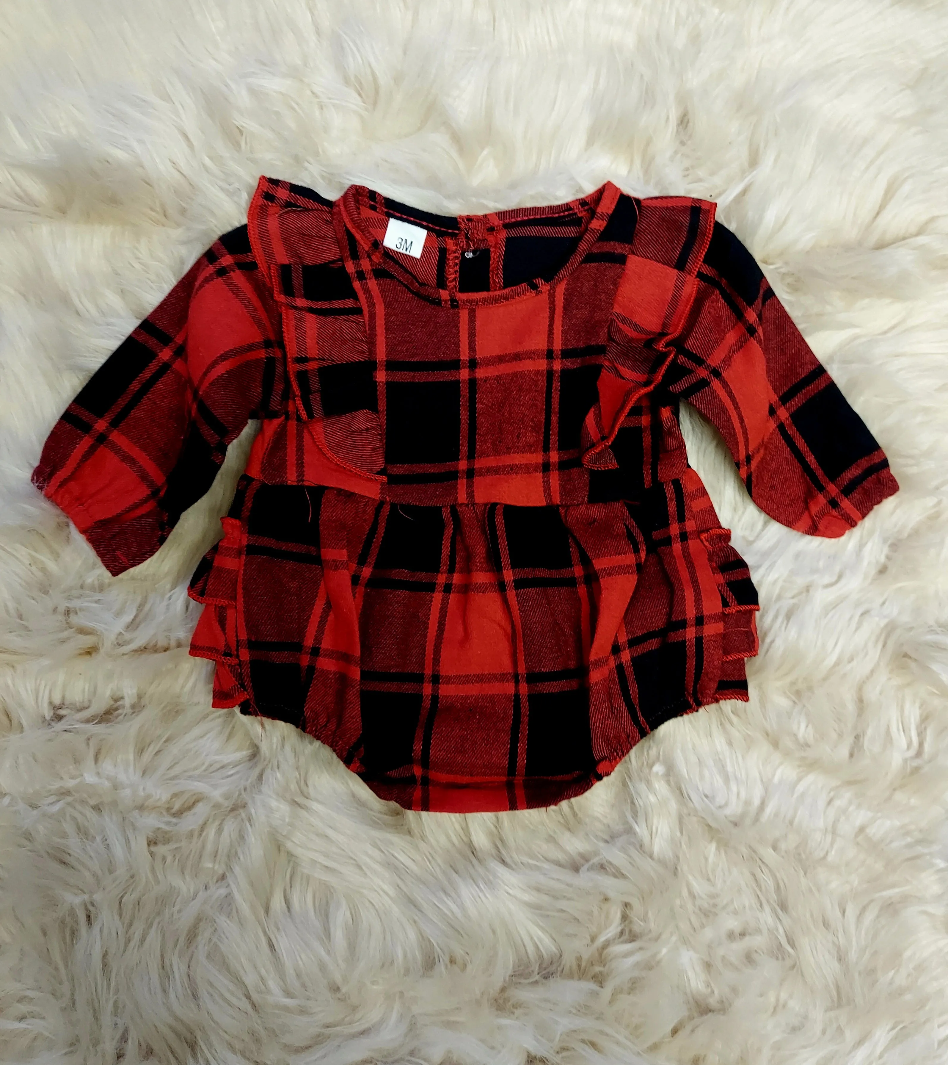 Red & Black Buffalo Plaid Ruffle Infant Romper