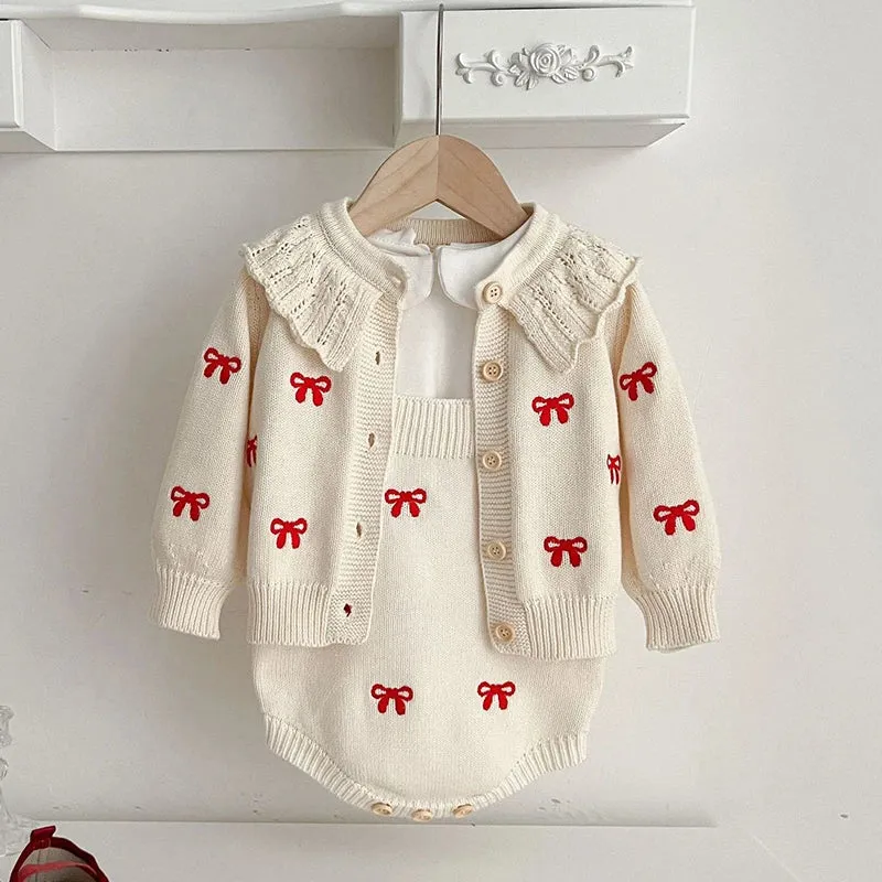 Red Bow Knitted Romper and Cardigan