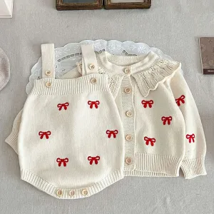 Red Bow Knitted Romper and Cardigan