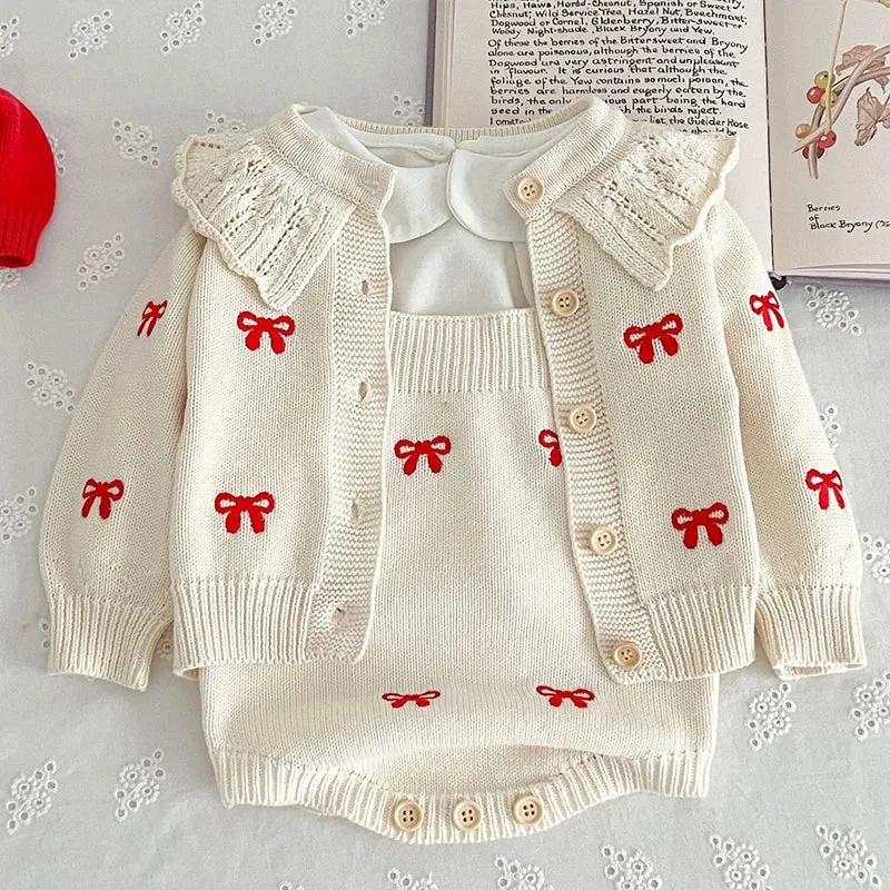 Red Bow Knitted Romper and Cardigan