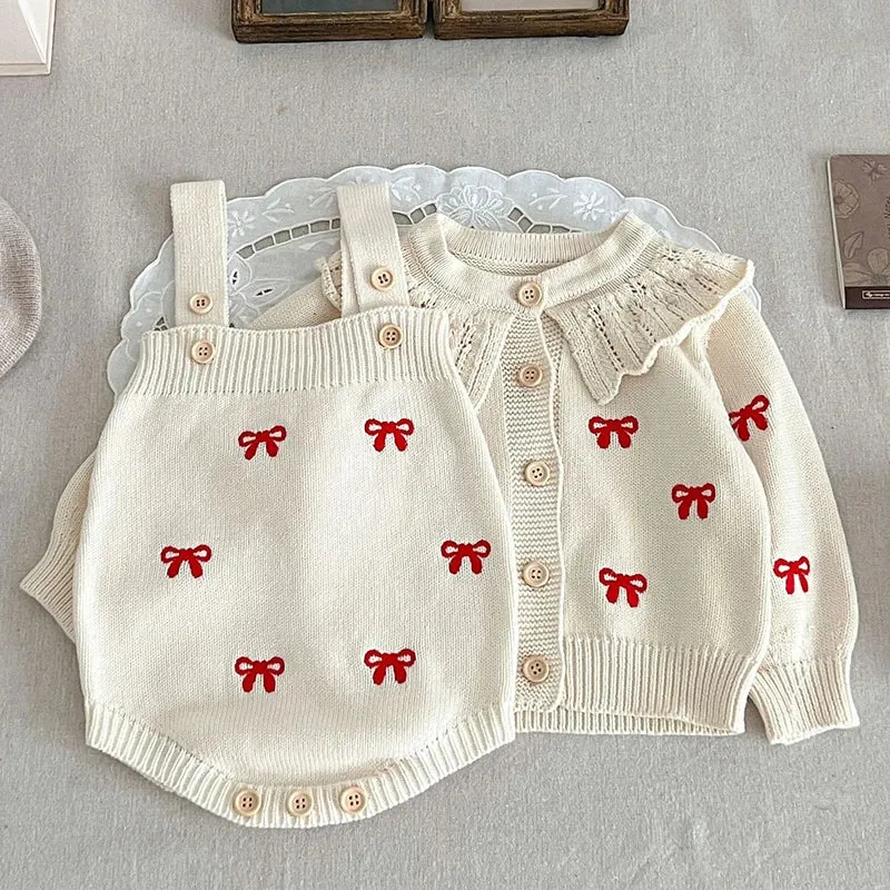 Red Bow Knitted Romper and Cardigan