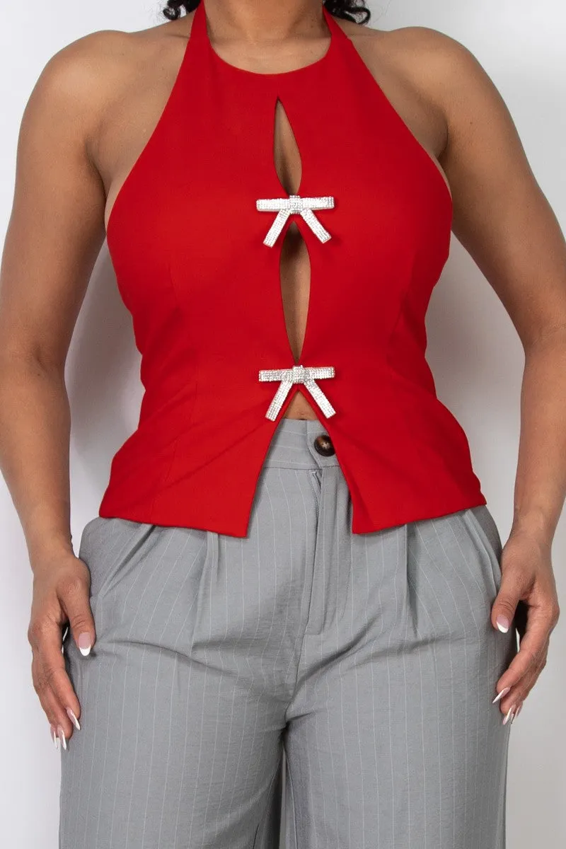 Red Crystal Bow Halter Top
