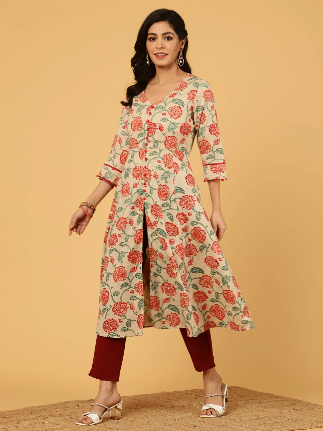 Red Floral Print Cotton Anarkali Kurta