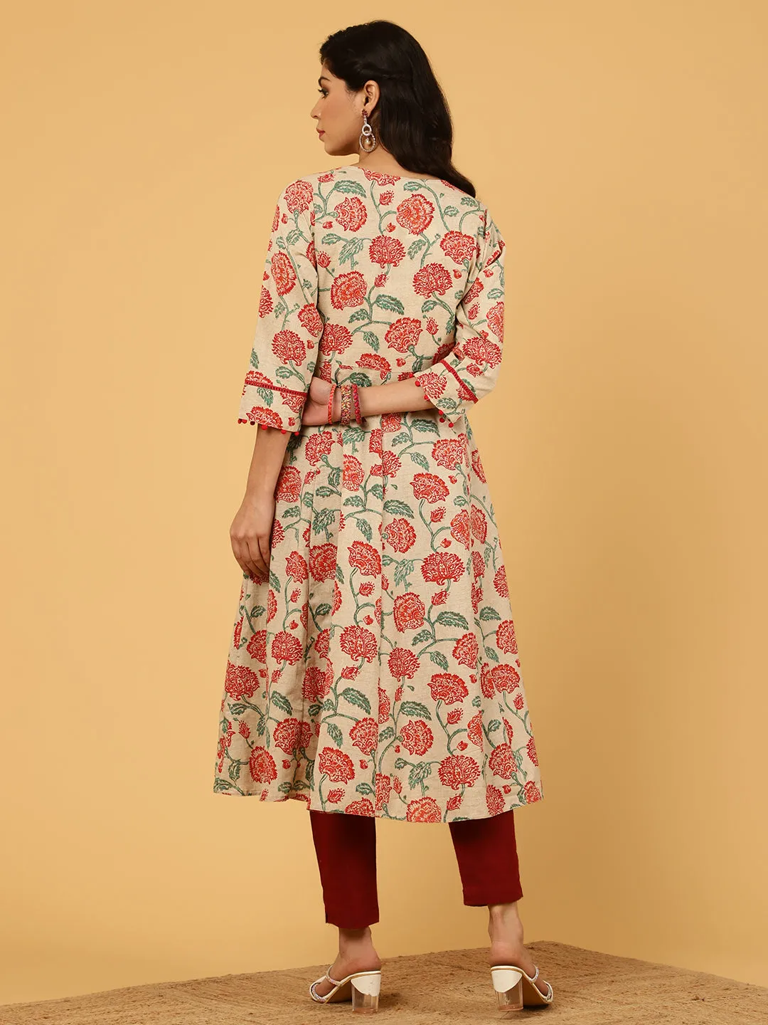 Red Floral Print Cotton Anarkali Kurta