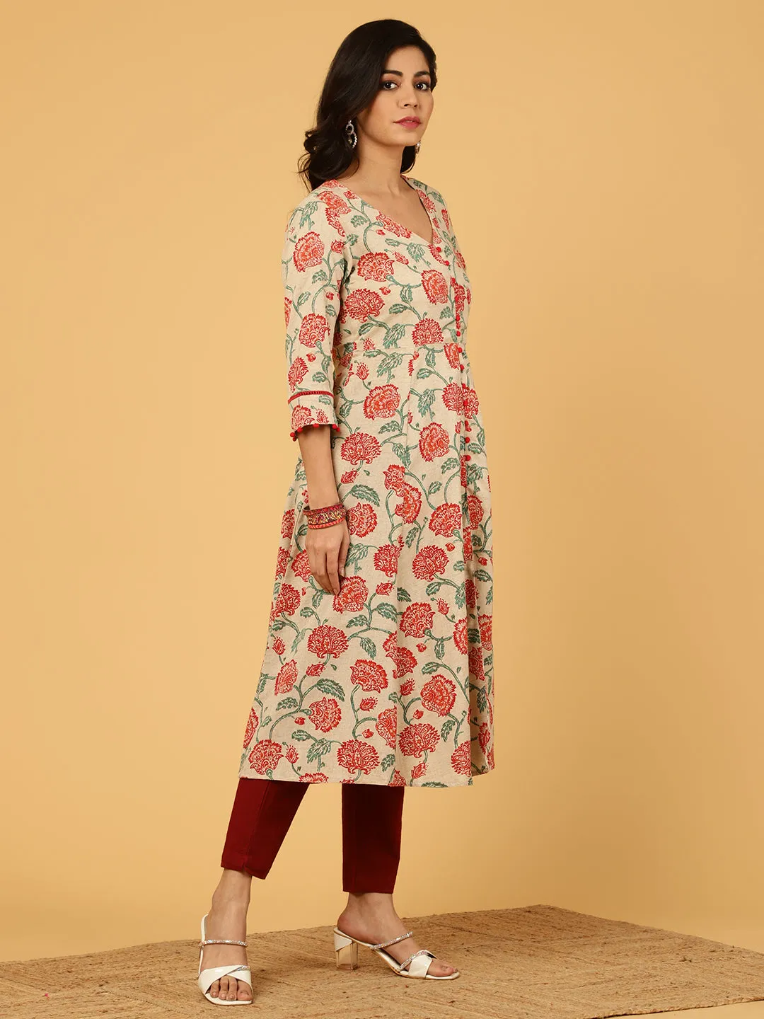 Red Floral Print Cotton Anarkali Kurta