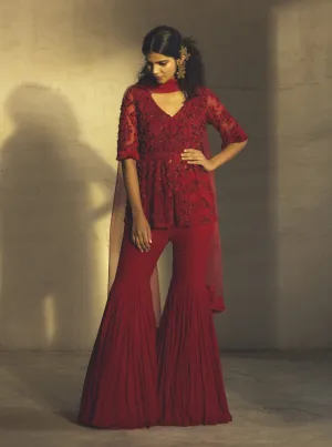 Red Kurta With Sharara & Dupatta