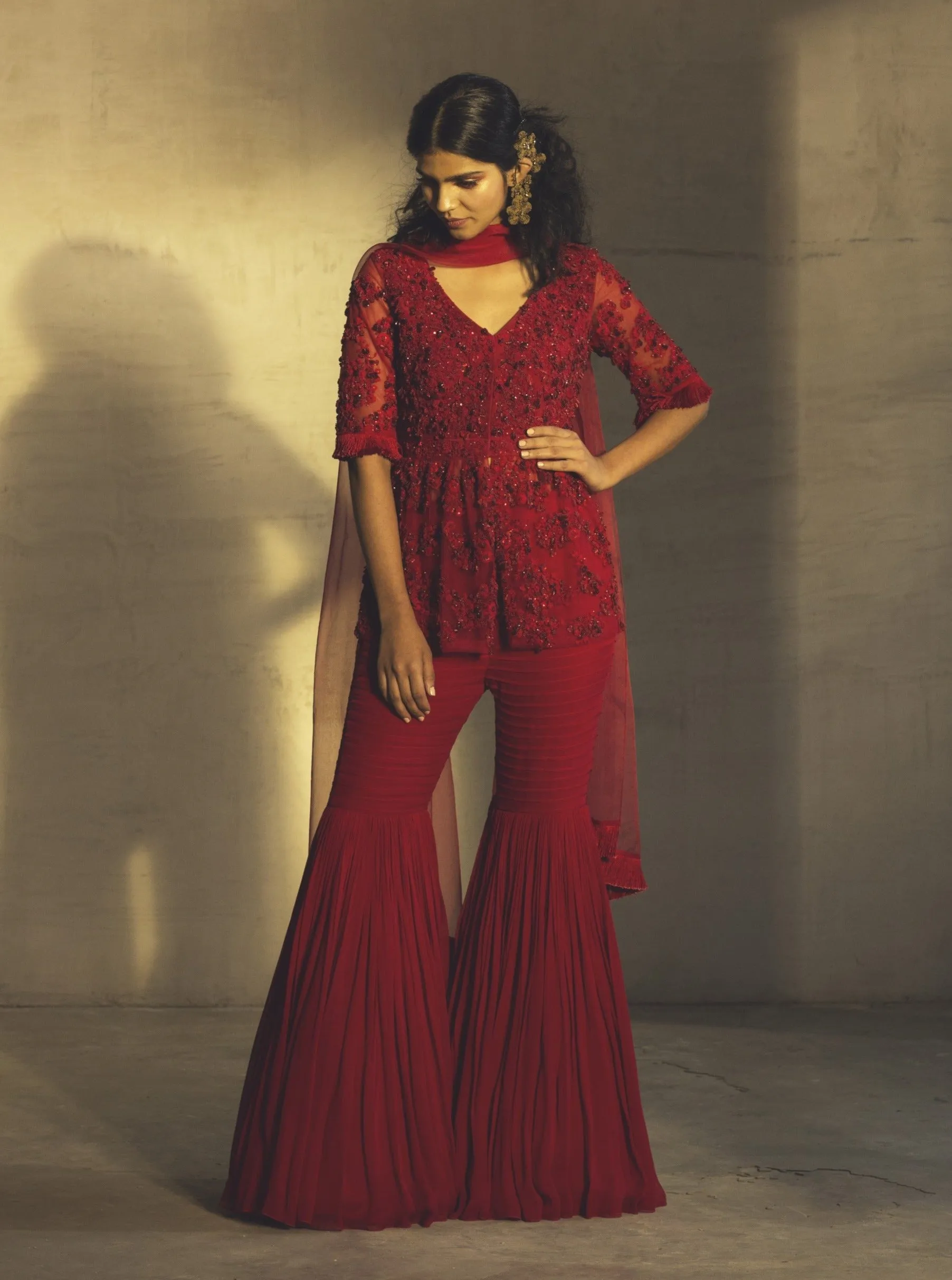 Red Kurta With Sharara & Dupatta