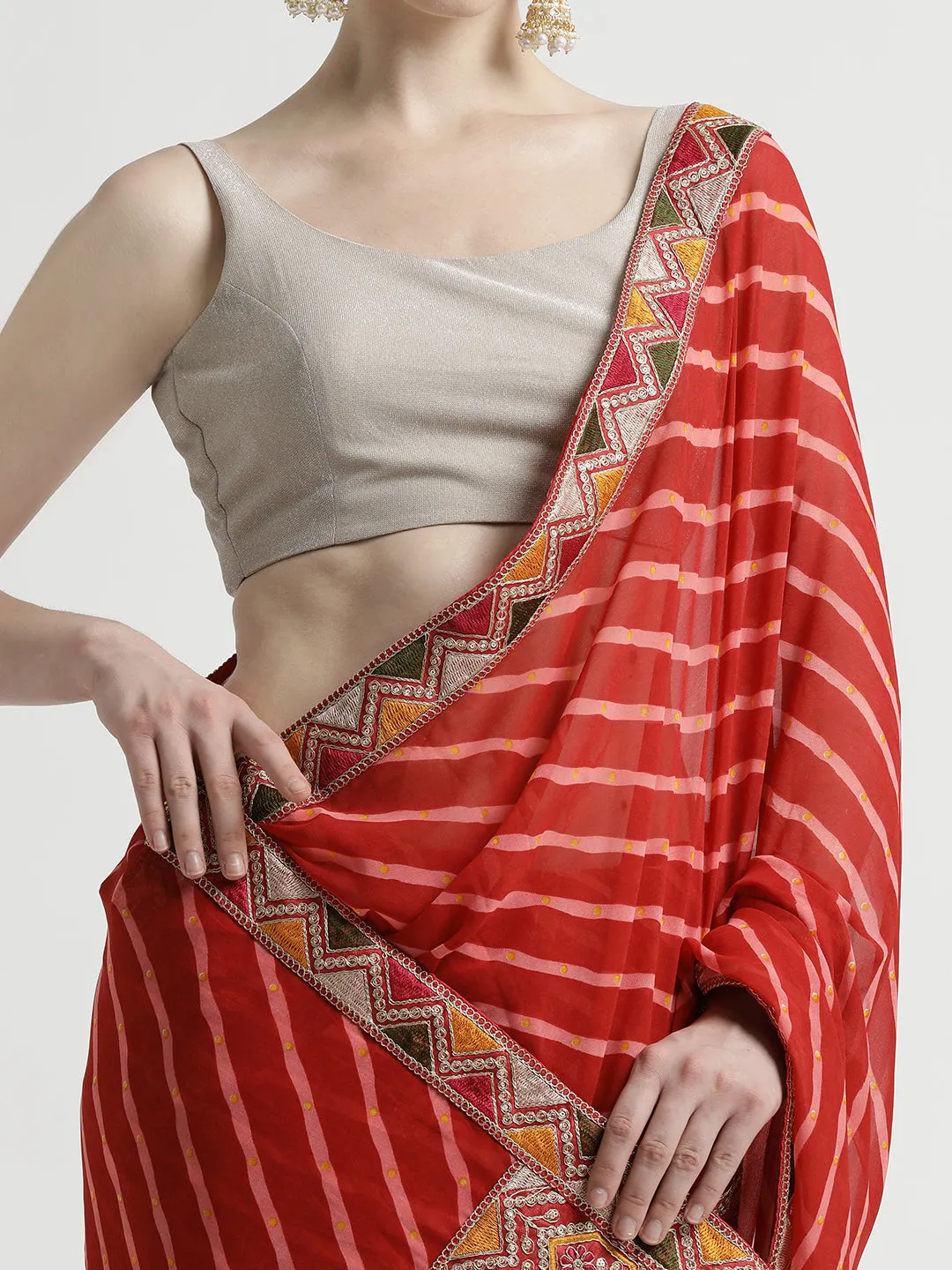 Red Leheriya Embroidered Pure Georgette Saree