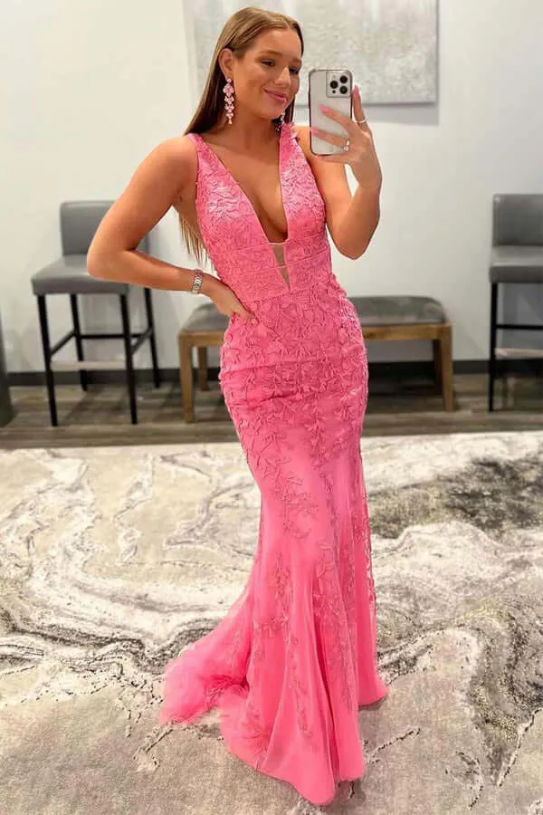 Red Mermaid Lace V-neck Floor Length Prom Dresses, Evening Dresses, MP750