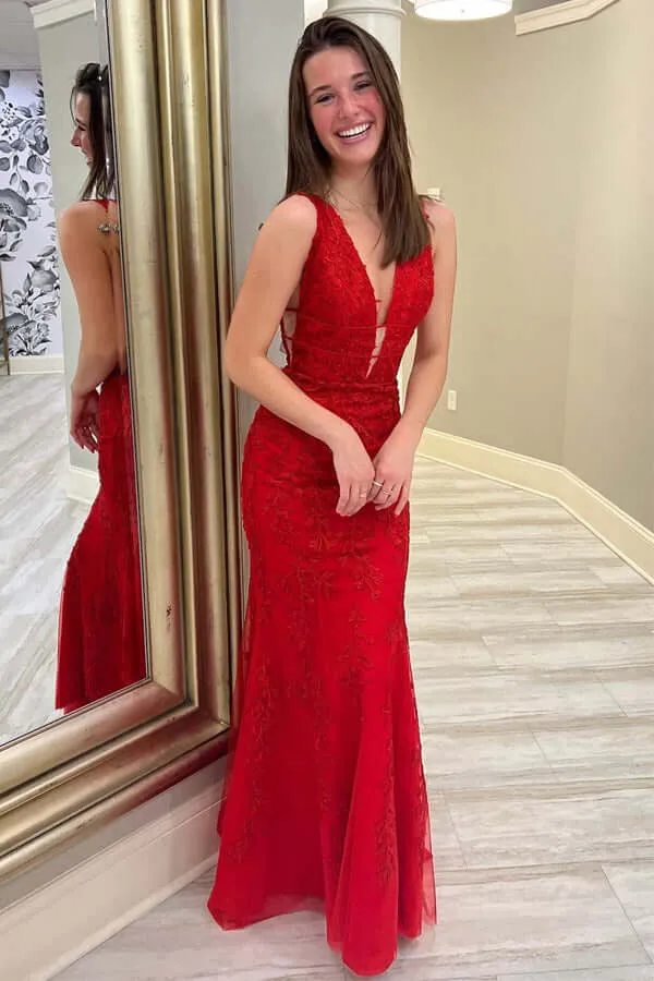 Red Mermaid Lace V-neck Floor Length Prom Dresses, Evening Dresses, MP750