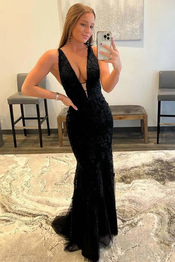 Red Mermaid Lace V-neck Floor Length Prom Dresses, Evening Dresses, MP750