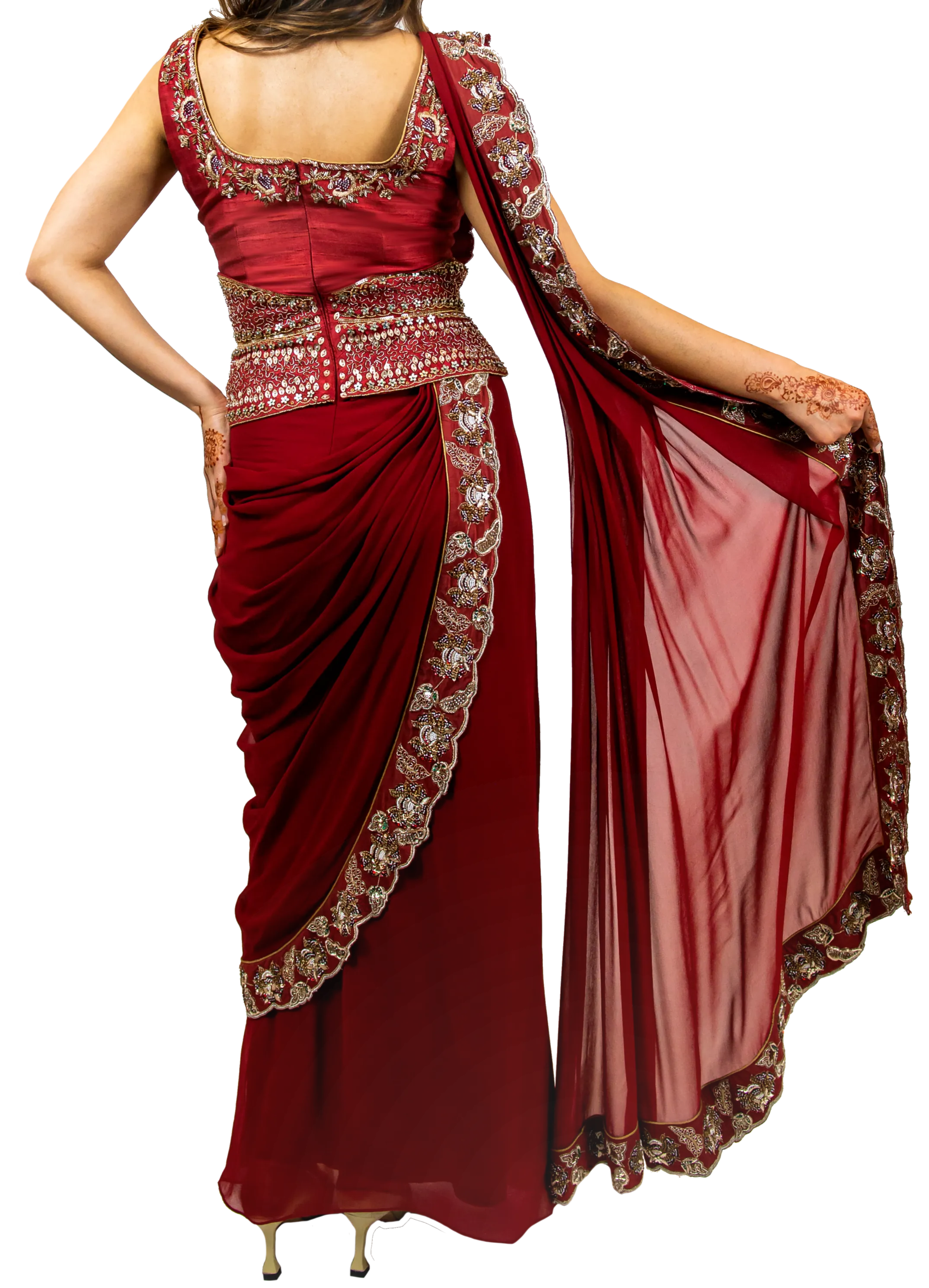 Red Raw Silk Embroidered Pre-Draped Sari