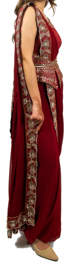 Red Raw Silk Embroidered Pre-Draped Sari