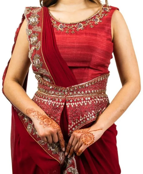 Red Raw Silk Embroidered Pre-Draped Sari
