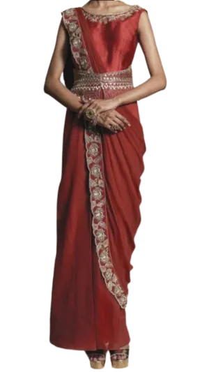 Red Raw Silk Embroidered Pre-Draped Sari